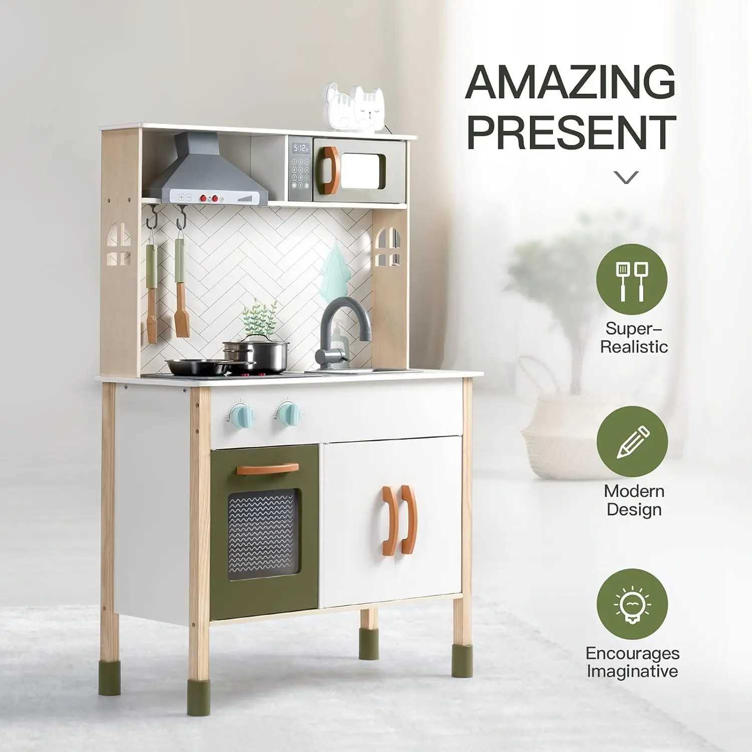 Robotime Robud Kitchen Playset Realistic Pretend Play Kitchen Montessori Wooden Play Kitchen Toy Kitchen Set for Kids Girls Boys X241107