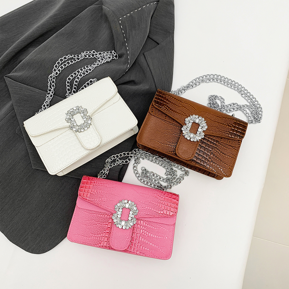 Women PU Flap Shoulder Bag Stylish Commuting Bag Crocodile Pattern Fashion Square Handbag with Diamond Decor for Outdoor Travel