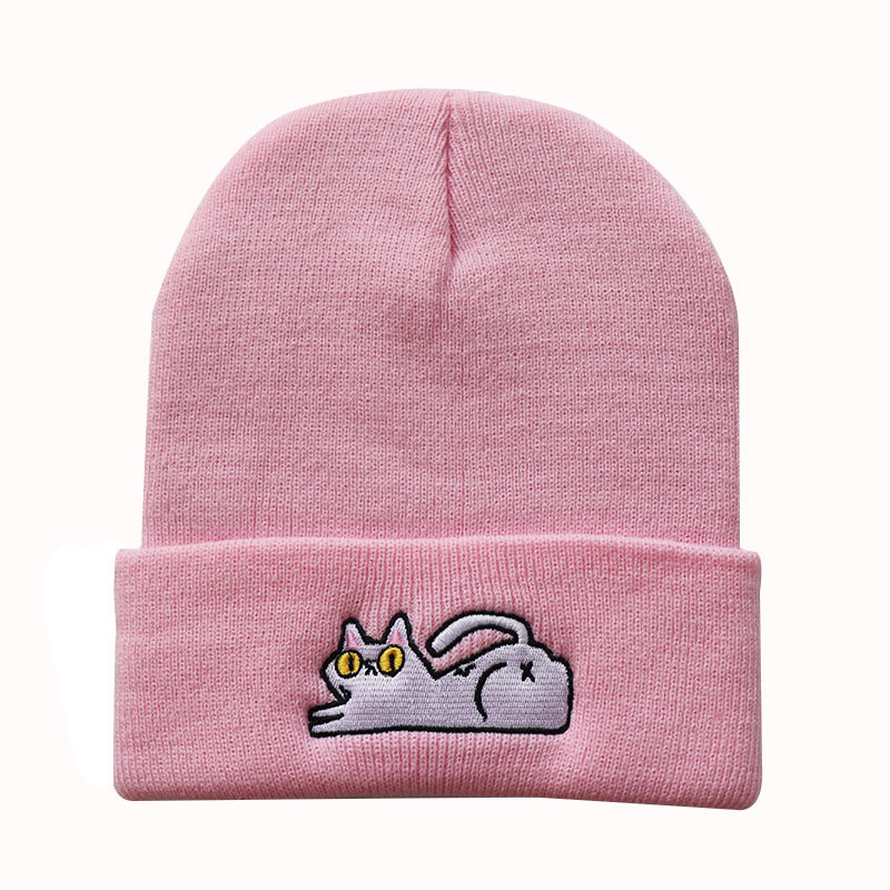 High quality design, Cute Lazy Cat Embroidered Knitted Warm Hoodie Hip Hop Hairline Hat for Male and Female