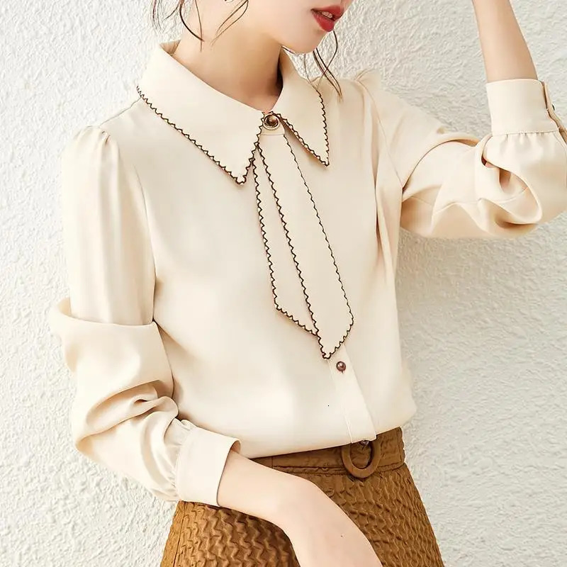 S3XL Smart Shirts Women Ribbon Cozyy Allmatch Workwear Basic Patchwork Chiffon Tender French Office Business Clothes Elegant 240407