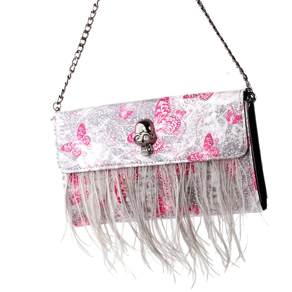 FB90022 Show Story Women's Girls Punk Skull Feather Gems Design Fashion Outdoor Evening Clutch Handbag Bag