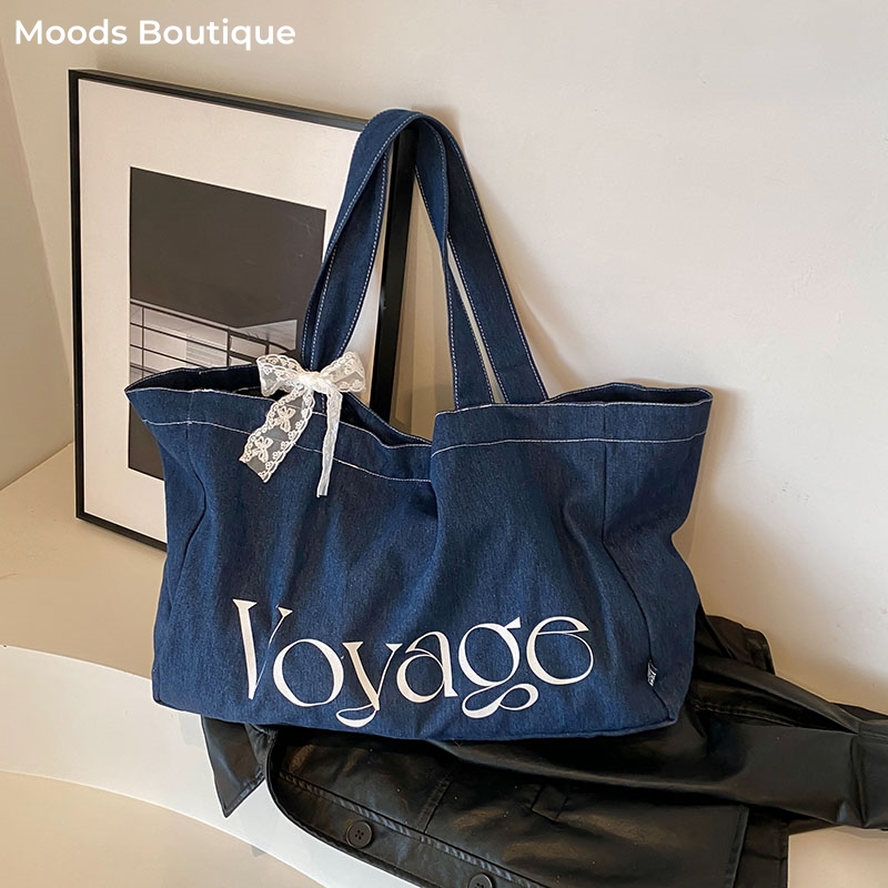 Oversized Double-sided Shoulder Bags For Women Denim Fabric Letter Decor Large Capacity Shopper Totes 2024 Summer Latest Handbag