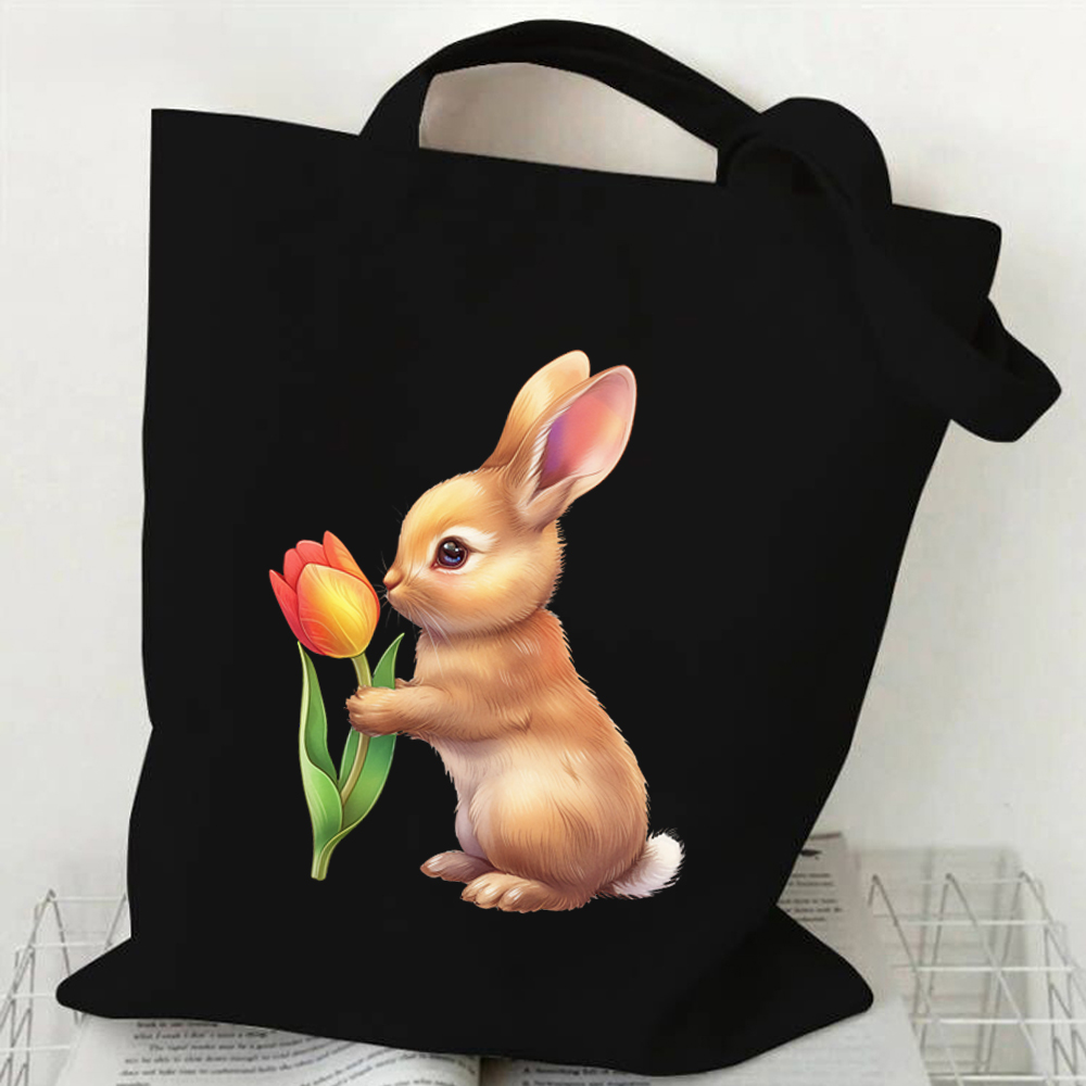 Bunny Handbag Women Watercolor Art Design Shoulder Bag Lady Casual Outdoor Beach Shopping Commuter Bag Floral Rabbit Tote Bag