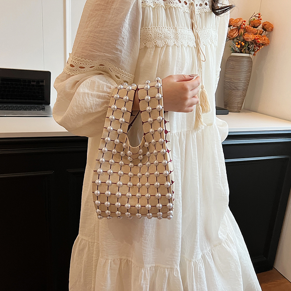 Women Knitted Pearl Handbag Crochet Tote Bag with Detachable Chain Fashion Shoulder Bag Trendy Crossbody Bag for Party Vacation