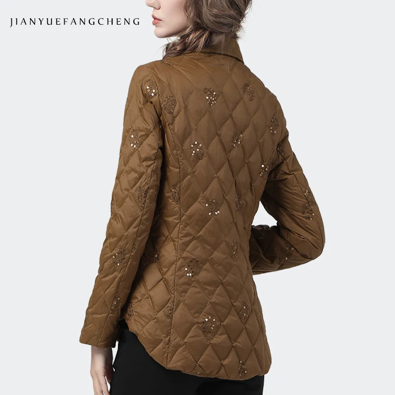 Retro brown embroidered womens winter down jacket ultra-thin irregular side button down sequin warm white duck down jacket 241107
