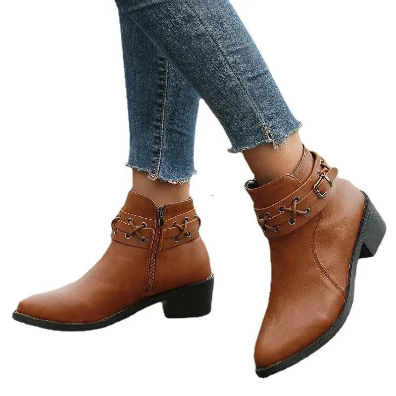 Womens Ankle Boots Autumn/Winter Pu Leather Short Boots Womens Side Zipper Thick Heel Riveted Leather Boots Womens Size 2024 241106