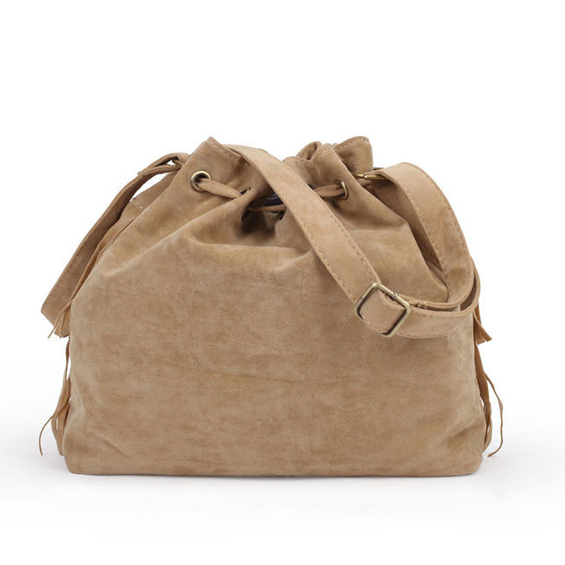 Fashion Retro Faux Suede Fringe Women Messenger Tote New Shoulder Handbags Crossbody Bag Tassel Bucket Bolsa Feminina
