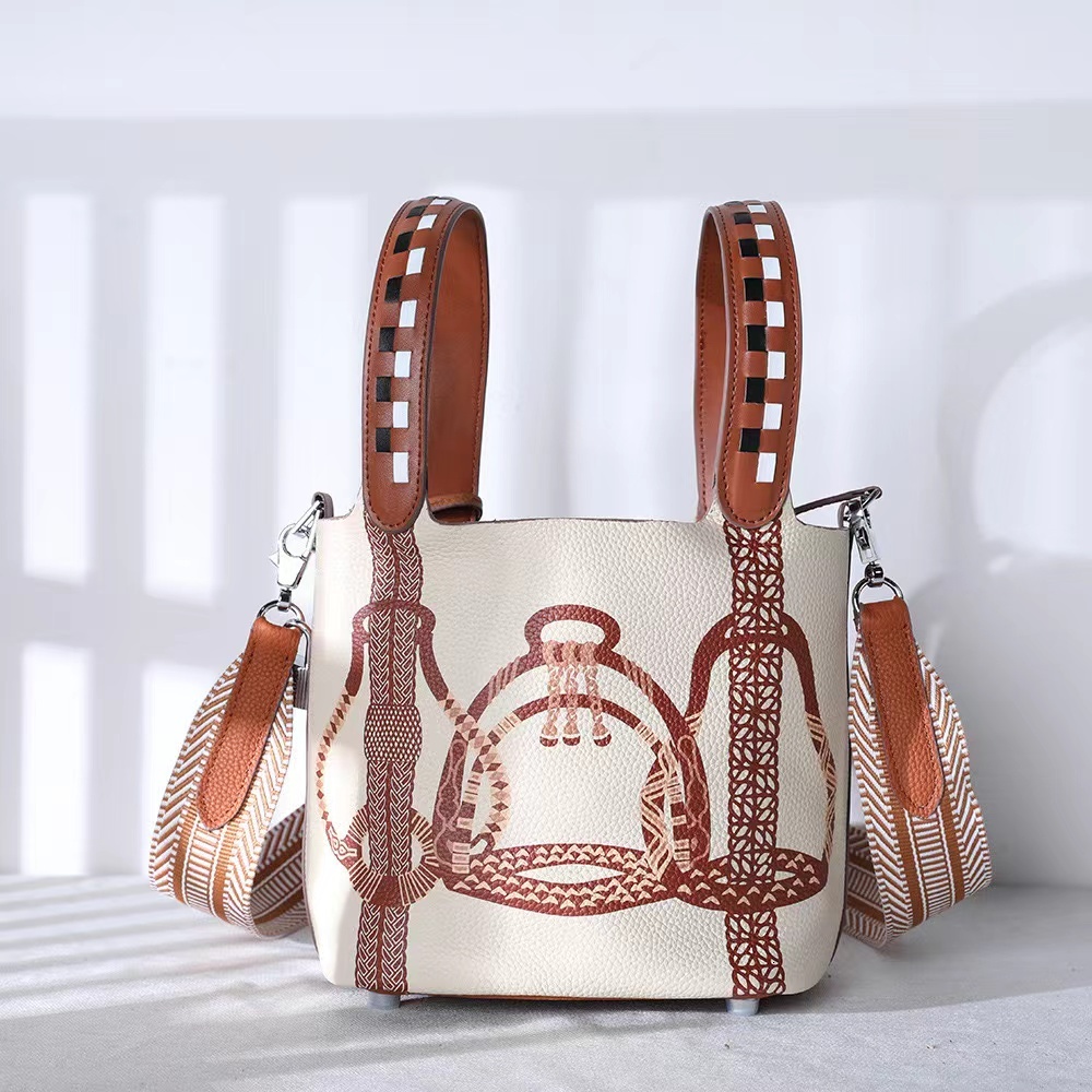 Cowhide Painted Vegetable Basket Designer Women's Handbag Ethnic Style Genuine Leather Bucket Fashion Shoulder Bag Commuting