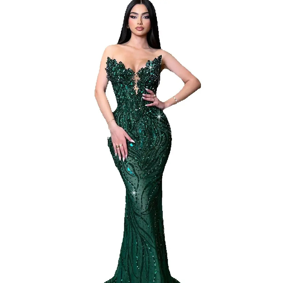 Luxury Crystal Prom Dresses Modern Mermaid Beading Strapless Evening Gowns Customized Sleeveless Floor Length Formal Party Dress