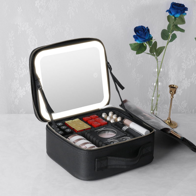 PU Cosmetic Case With Adjustable Brightness LED Mirror Women Portable Large Capacity Travel Toiletry Makeup Jewelry Storage