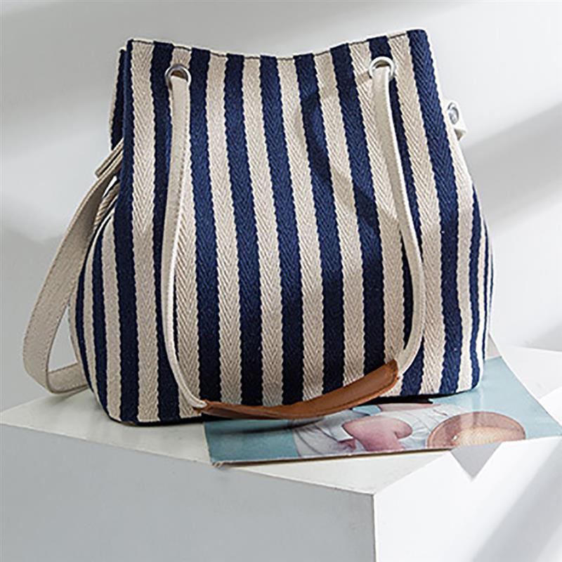 Casual Stripe Pattern Women's Handbag Bucket Canvas Top-Handle Drawstring Female Beach Shopping Bag 2018 Hot