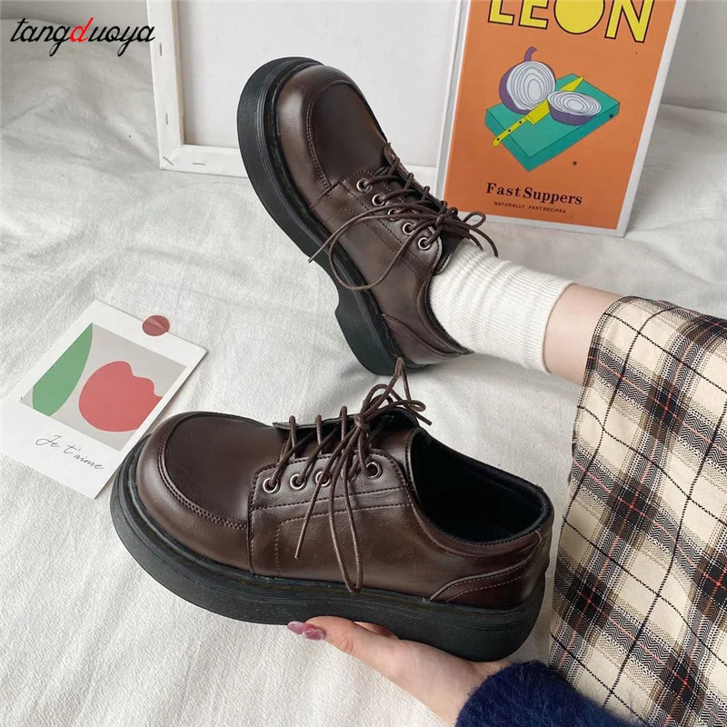 Platform Retro Shoes Oxford Shoes 2024 Autumn Retro Brown Leather Lace Womens Fashion Casual Shoes Black Oxford Shoes 241106