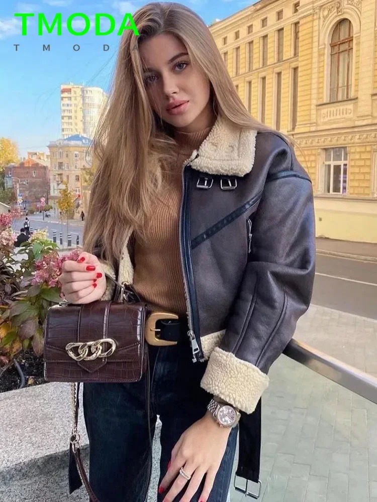T-shaped MODA Spring/Summer Womens Fur Loose Belt Warm Jacket Cashmere Thick Motorcycle Collar Womens Coat Brown Unique Coat 241107