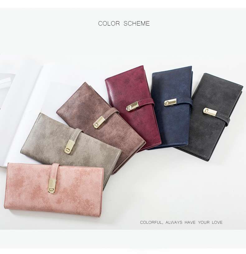Women's ultra-thin wallet. Retro frosted 100% leather wallet with magnetic buckle closure, long double fold wallet