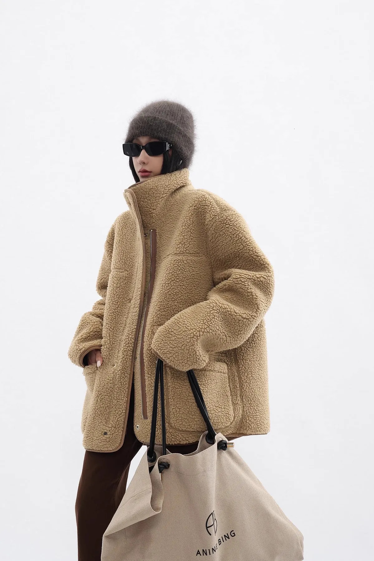 REDDACHIC Lambswool wool reversible leather jacket womens denim brown oversized bomber jacket motorcycle warm winter jacket 241107