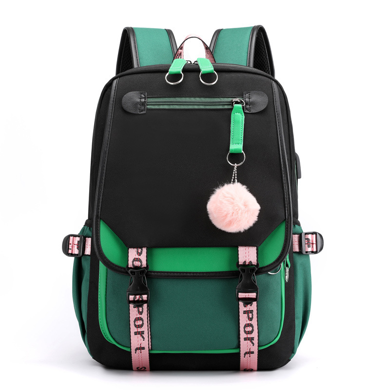 Fengdong large school bags for teenage girls USB port canvas schoolbag student book bag fashion black pink teen school backpack
