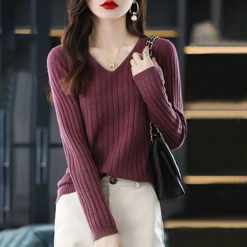 Women Sweater Long Sleeve Top Knitted Pullover V-Neck Fashion Sweater Woman Winter Basic Female Clothing Soild OL Sweaters 241107