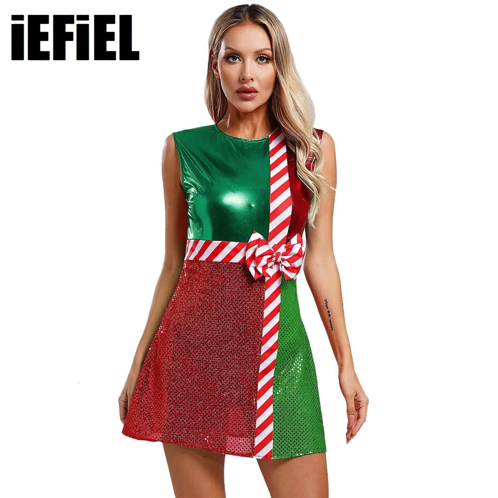 Womens sequined Christmas dress with metallic shimmer equipped with a safety jacket round neck sleeveless bow compared to ball dresses 241106