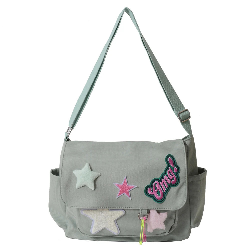 Women Cute Messenger Bag Large Capacity Canvas Kawaii Crossbody Star Letter Applique Candy Color Leisure Travel Outdoor 241106