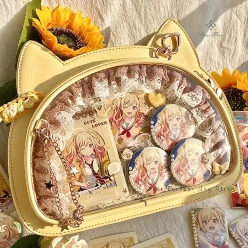 Y2K Cute Cat Ita Bag Japan Lolita Transparent Ten Font Kawaii Party Shoulder Bag Badge Display Girl Messenger Bag 241106