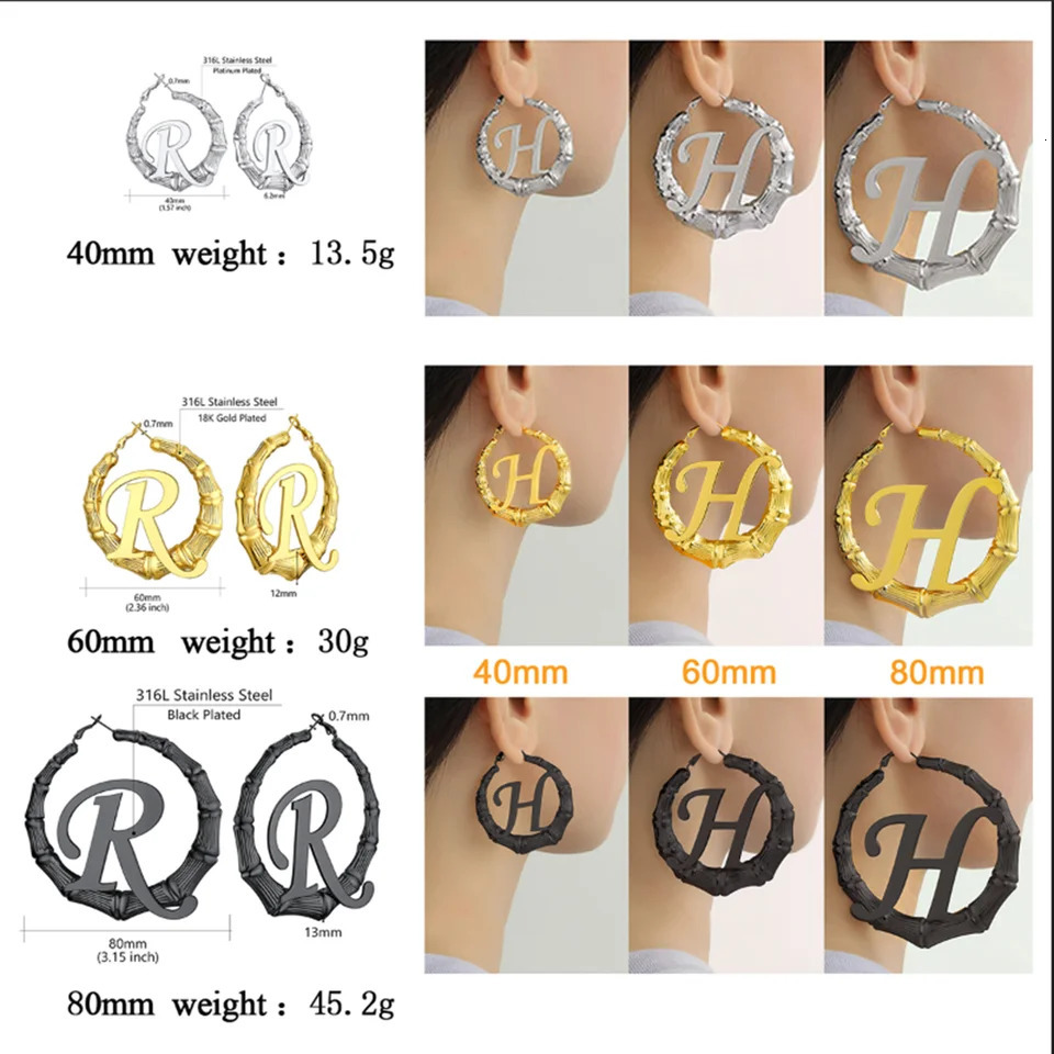 U7 large 40/60/70/80mm custom letter bamboo hoop earrings suitable for womens personalized name jewelry BFF girlfriend birthday gift 241106