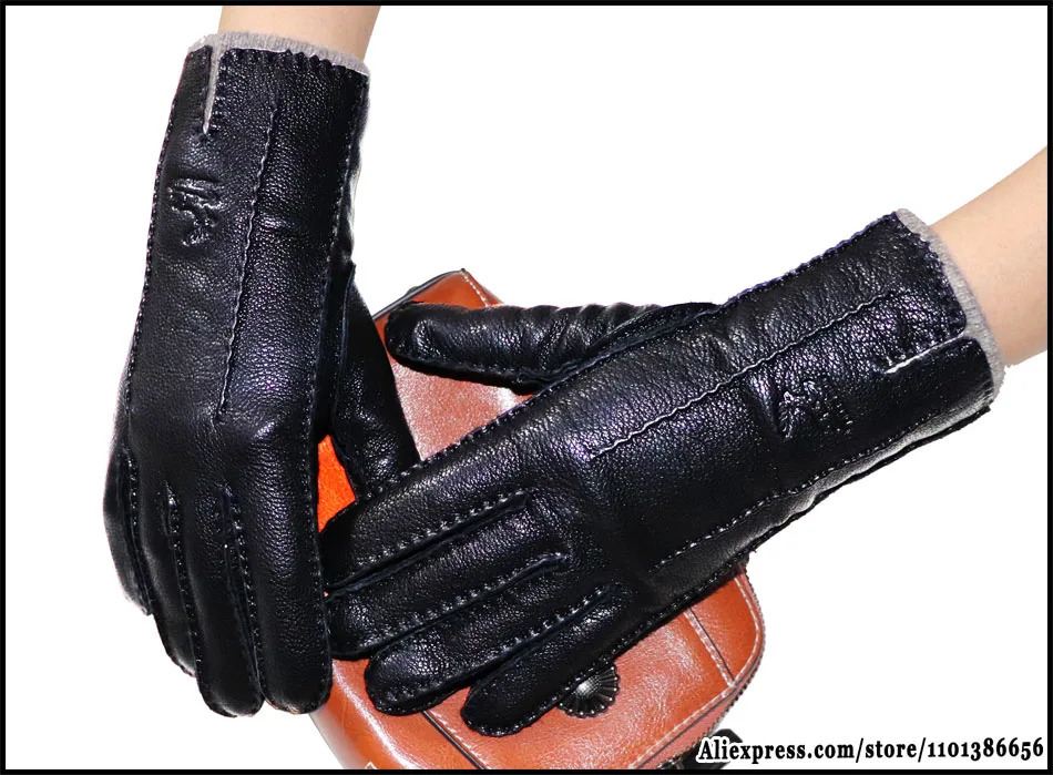 Mens and Womens Premium Leather Gloves Deer Texture Sheepskin Winter Warm Driving Wool Knitted Lining 241106