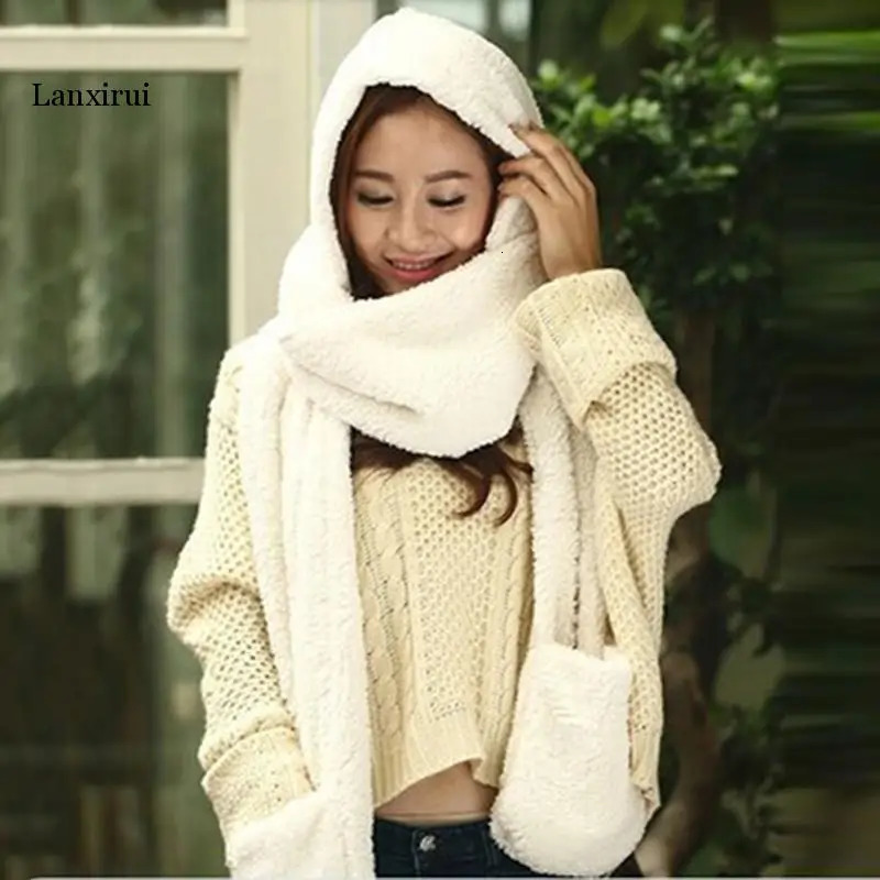 Fashion Hooded Scarf Hat Gloves Selling 3-Piece Set Womens Winter Warm Soft Hat Scarf Perforated Pocket Hat Gloves 241107