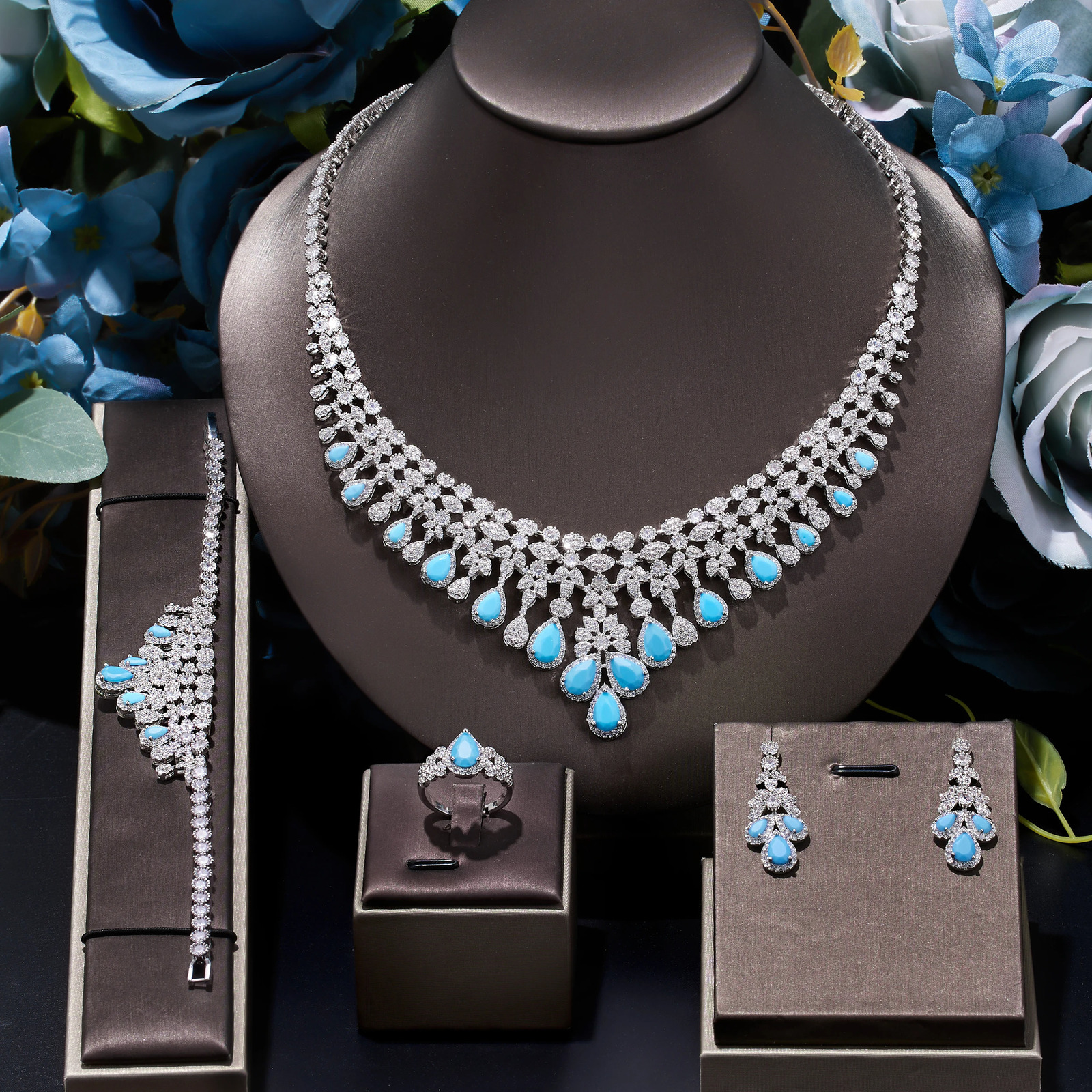 Zircon Super Tassel Water Drop Wedding Bridal Necklace Earrings 4-piece Nigerian Dubai Womens Jewelry Set 241106