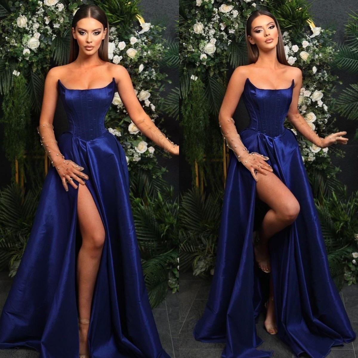 Navy Blue A E Prom Dress Strapless Bone Bodice Evening Elegant Thigh Split Satin Formal Dresses For Women 6660306