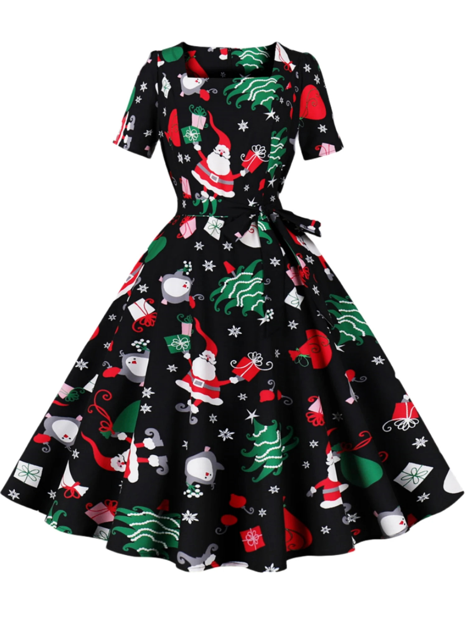 Christmas print square neck short sleeved slimming party casual and elegant knee length dress womens carnival 241107