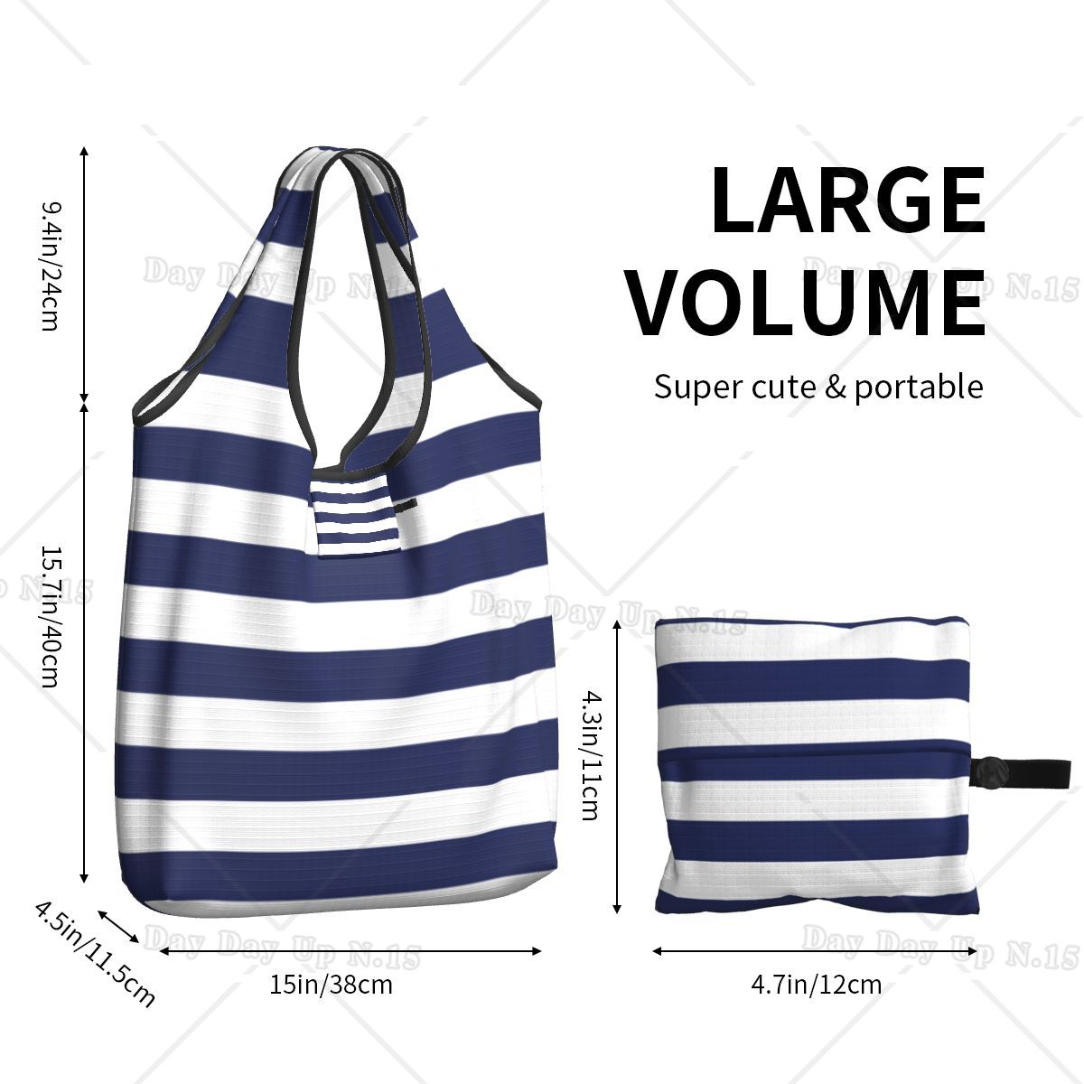 Large Reusable Navy Blue And White Stripes Grocery Bags Recycle Foldable Shopping Eco Bag Washable Fits in Pocket