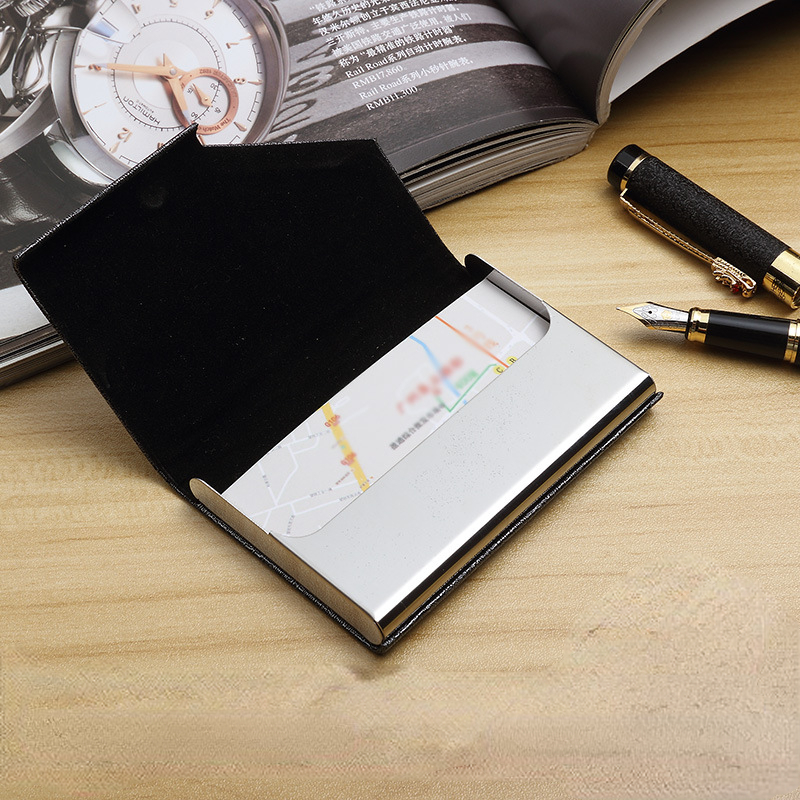 Business Card Holder with Magnetic PU Leather Stainless Steel Business Card Case ID Name Card Case for Men Women Office