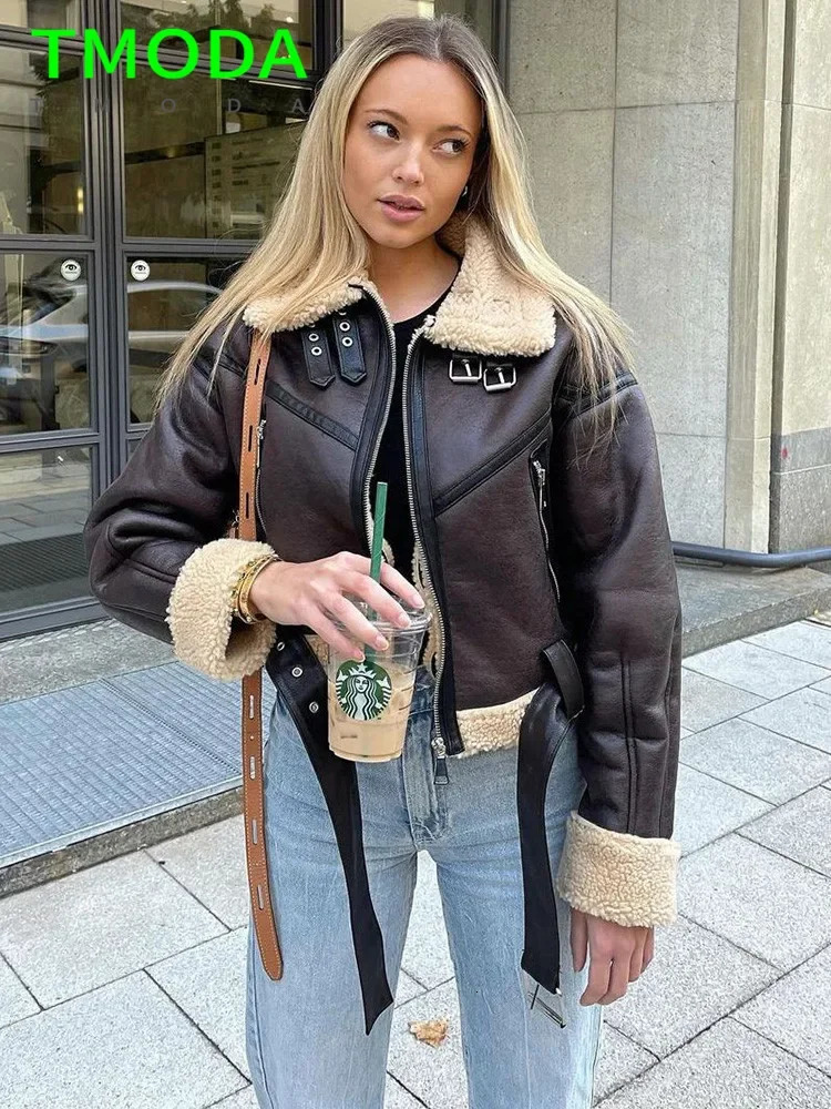 T-shaped MODA Spring/Summer Womens Fur Loose Belt Warm Jacket Cashmere Thick Motorcycle Collar Womens Coat Brown Unique Coat 241107