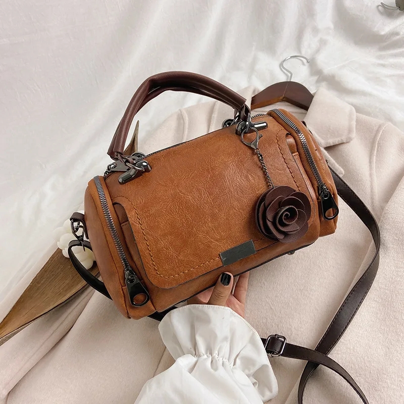 Yogodlns Fashion Flowers Pendant Handbag Women's Boston Bags Large Capacity Shoulder Bag Ladies Crossbody Bag PU Messenger Bag