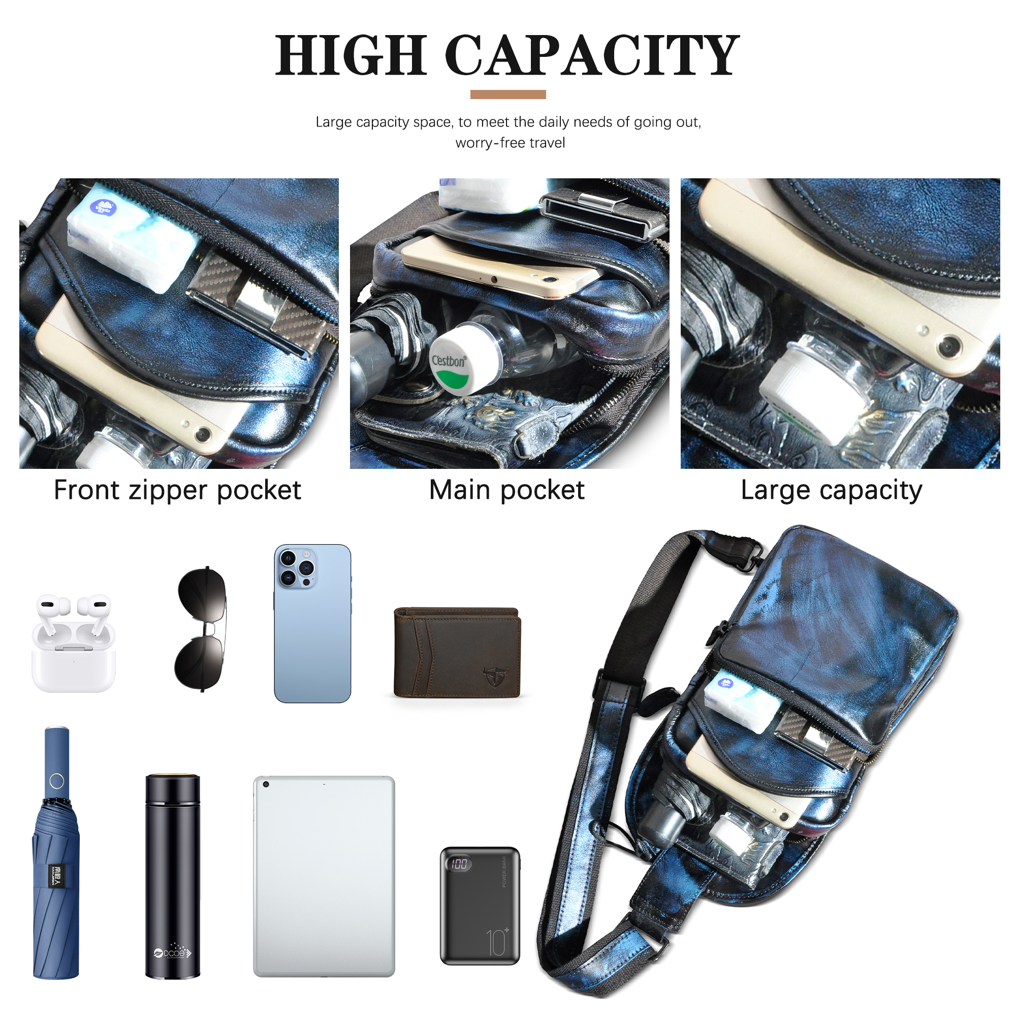 Le'aokuu Men Crazy Horse Leather Casual Vintage Fashion Blue Chest Sling Bag Design One Shoulder Crossbody Bag For Male 9977