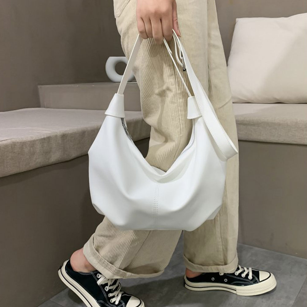Retro Spring Woman New Solid Color Large Capacity Wide Single Strap Zipper Fashion Half Moon PU Leather Chest Bag All Match