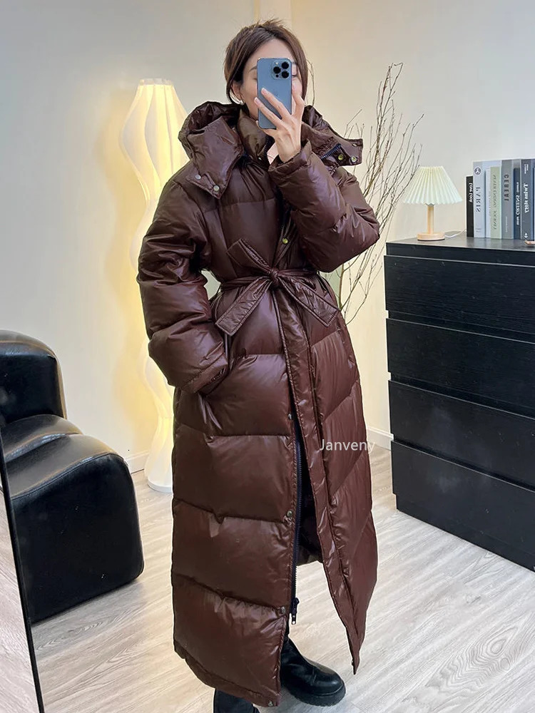 Janveny womens down jacket womens casual thick duck down jacket hooded womens waterproof Parkas jacket with belt 241107