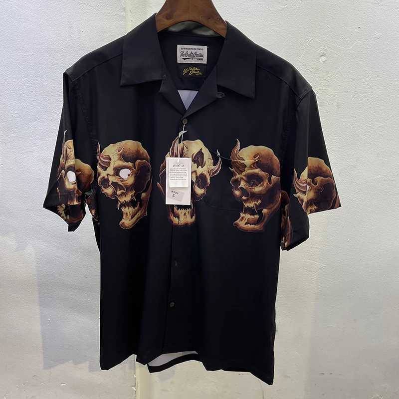 Men's T-Shirts WACKO MARIA Mens Street Clothing Skull Print Summer Casual Hawaiian Short sleeved Shirt J240402