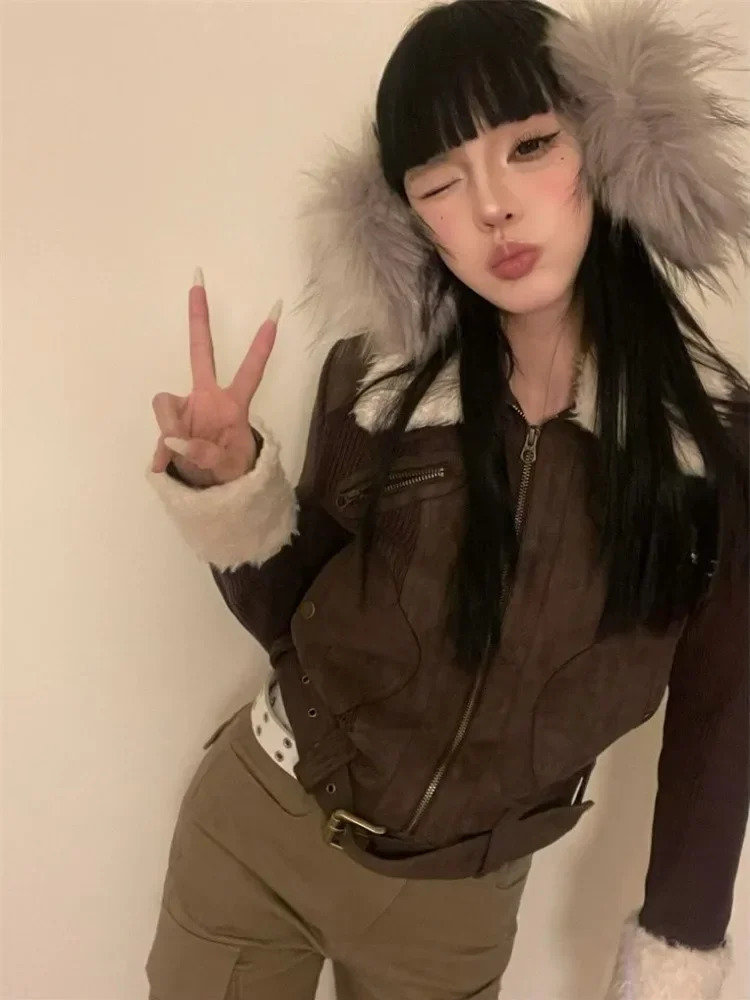 Japanese Y2k fur coat womens retro brown knitted jacket retro Korean zipper winter 2000s aesthetics 241107