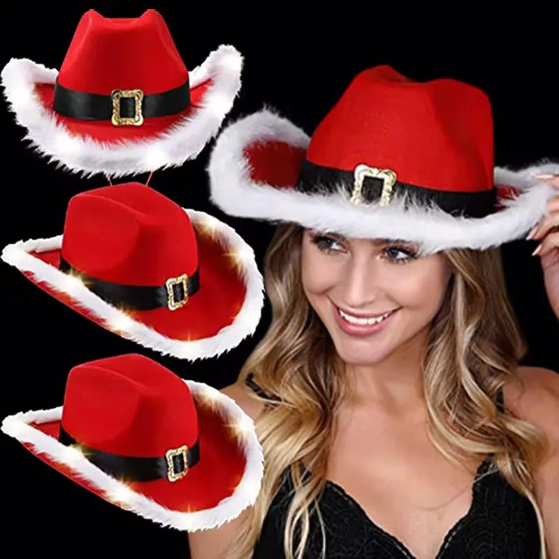 Fashion Santa Claus Party Christmas Luminous Cowboy Hat Western Red Felt Hats Wide Brim Cowgirl Hat Jazz Hat for Women Men 241107