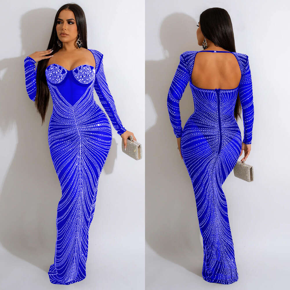 Fashion Women's Hot Diamond Mesh Perspective Sleeve Long Dress F4798 dongdumaoyi