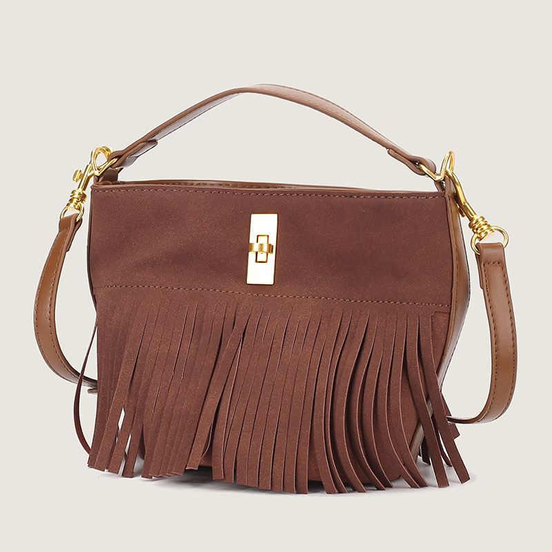 Women's Tassel Bucket Bags Vintage Matte Leather Handbags Casual Shoulder Commuter Package 2023 New Fashion Totes Bag Brown PM31