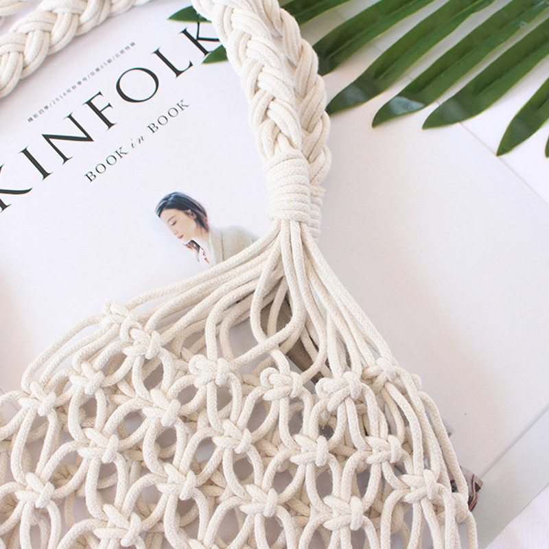 Large Capacity Hollow Woven Handbag Portable Beach Bag Casual Solid Color One-shoulder Bag Cotton Rope Handmade Net Bag