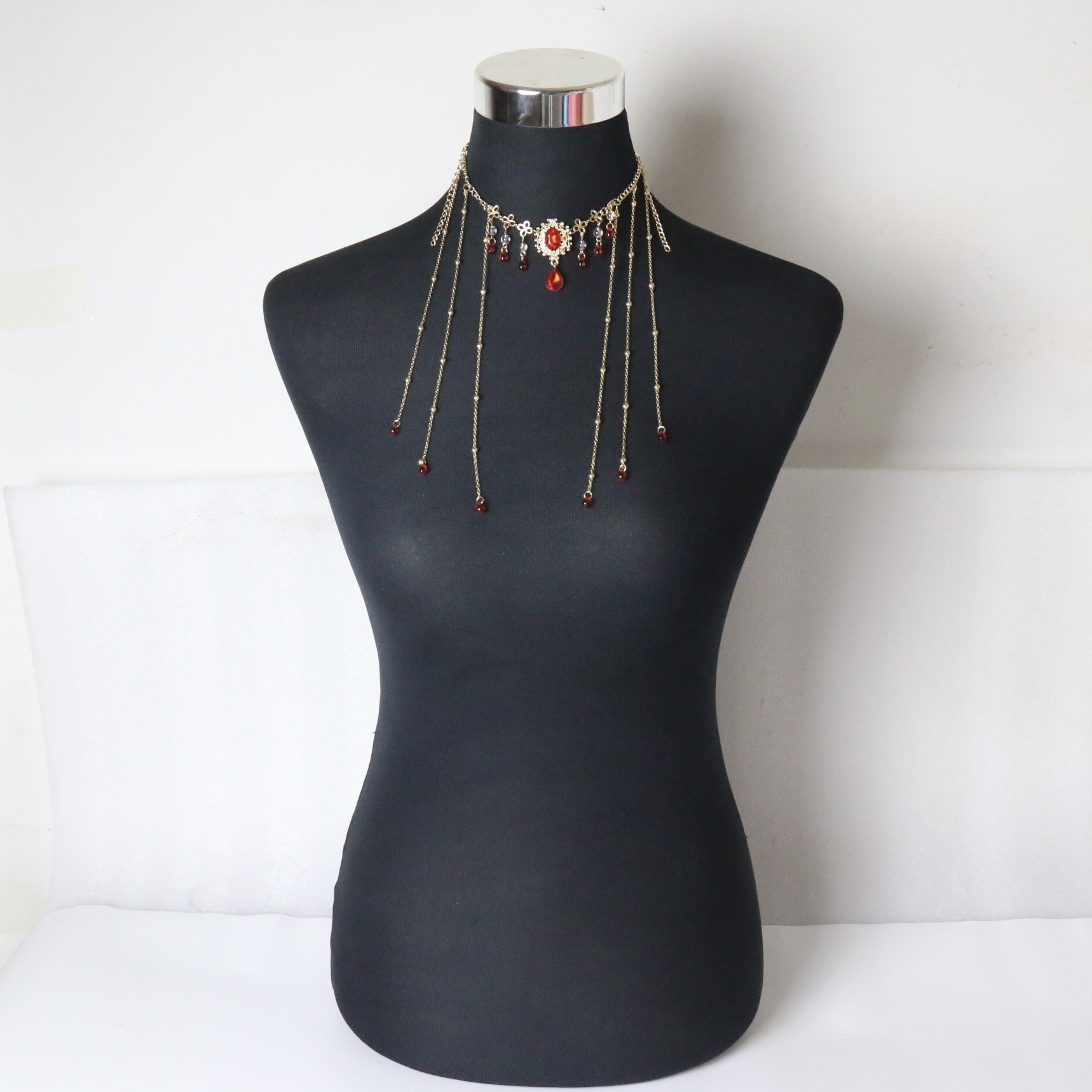 Exotic Style Ancient Style Hanfu Ruby Necklace Dance Retro Flower Red Water Droplet Pendant Sexy Tassel Necklace