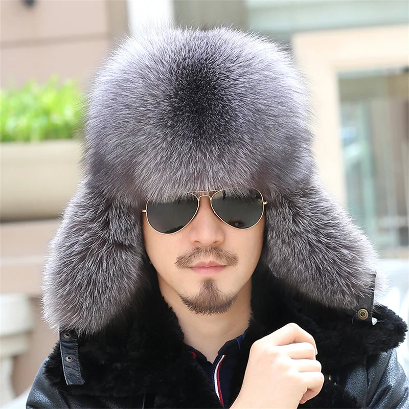 Winter 100% real silver fox fur bomber raccoon fur hat Ushaka Russian hunting hat mens skiing hat mens raccoon fur hat 241106