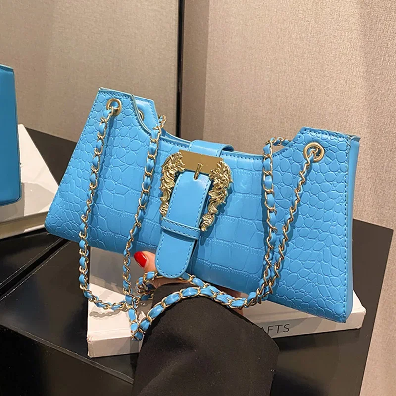 New Fashion Women's Crocodile Pattern Chain Shoulder Bags Handbags 2023 Luxury Chic Underarm Bags Clutch Blue Green Armpit Bags