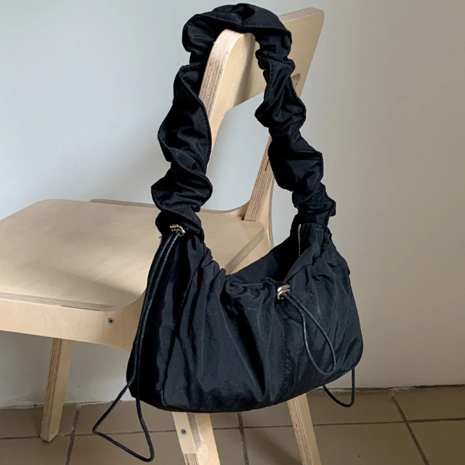 Simple brushed pleated shoulder bag solid color Korean style cloud cross body bag ballet core Y2K nylon underwear bag 241106