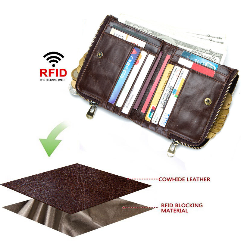 Vintage Man Wallet Rfid Small Purse Cow Leather Mini Purse Male Short Wallet Double Zipper Coin Purses Men Wallet Card Holder