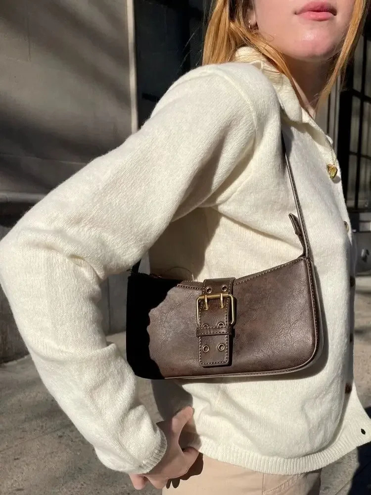 Miyagawa Brown Belt Baguette Retro Single Shoulder Bottom Bag Student Beauty Girl Fashion er Bag 241106