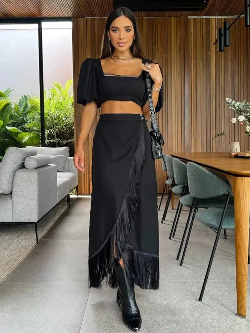 Black Elegant Two Piece Set for Women 2023 Casual Tassel Retro Womens Clothing Puff Sleeve Short Top Long Skirt Suit 240401